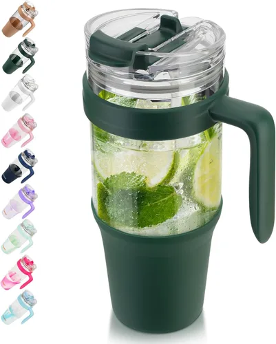 Miniatura 19 de Tronco Vaso de vidrio de 32 onzas con popote y tapa, tapa con popote 2 en 1 a prueba de fugas, botellas de agua de vidrio con asa, apto para Rosa