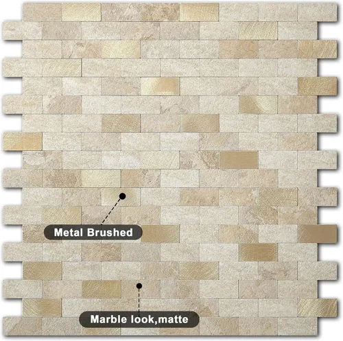 Miniatura 2 de VAOVI Adhesivo de pared de ladrillo con aspecto de mármol para despegar y pegar, azulejos de mosaico en muro de cocina y baño (5 hojas, mezcla beige)