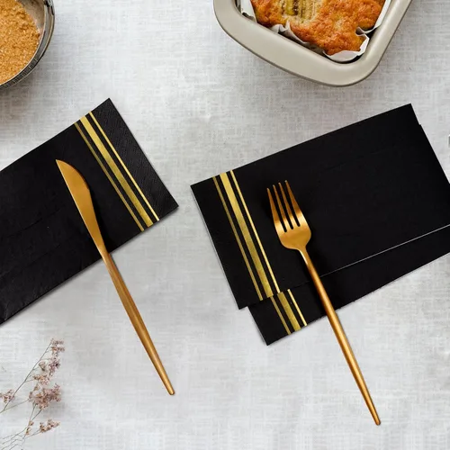 Miniatura 5 de 200 Servilletas de Papel con Ribete Dorado Negras Elegantes Servilletas de Cena, Servilletas de Invitados de 3 Capas con Papel Dorado Desechables