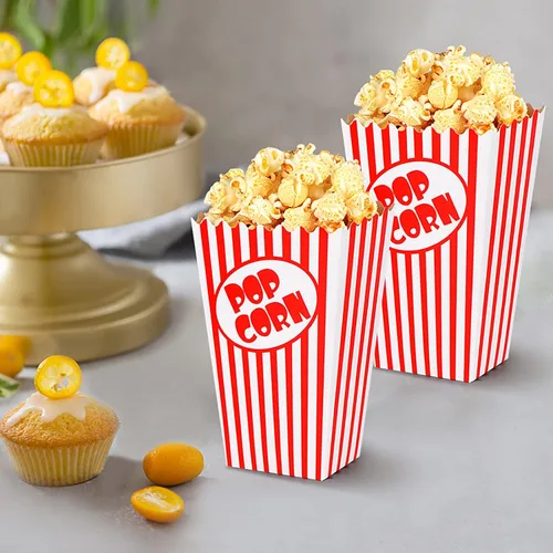 Miniatura 5 de Zahaat 50 mini cajas de palomitas de maíz de 5.5 pulgadas de alto, bolsas de palomitas de maíz rojas y blancas, mini cubos de maíz y contenedor