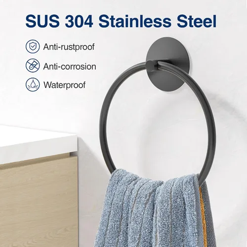 Miniatura 4 de Anillo para Toallas de Baño Negro Mate - Toallero de Baño de Acero Inoxidable SUS304, Susswiff Soporte Adhesivo para Toallas de Mano Montado