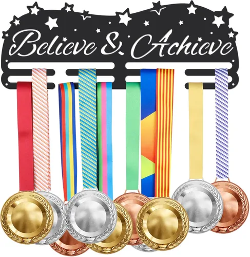 SUPERDANT Soporte para medallas Believe and Achieve, ganchos de hierro negro para más de 60 medallas, estante de competición deportiva para colgar