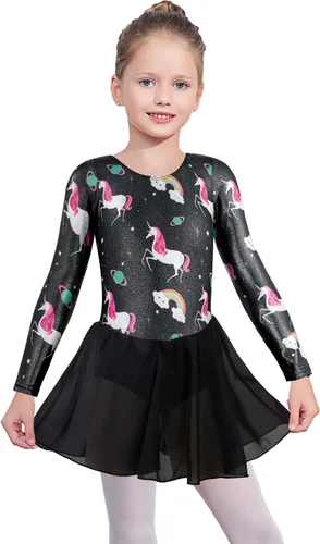 Miniatura 100 de EQSJIU Leotardo de baile de manga larga para niñas, vestido de ballet brillante con copo de nieve, tutú con falda tutú para niñas