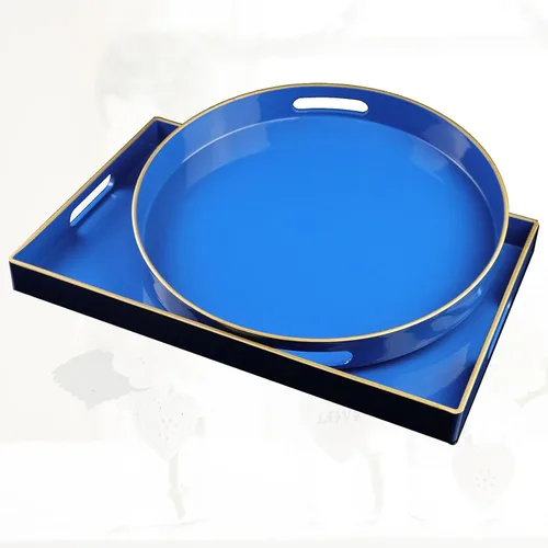 Miniatura 6 de Bandeja decorativa redonda azul con asas, bandeja de servir elegante de 13" para mesa de café, estilo otomano para sala de estar, baño, exteriores