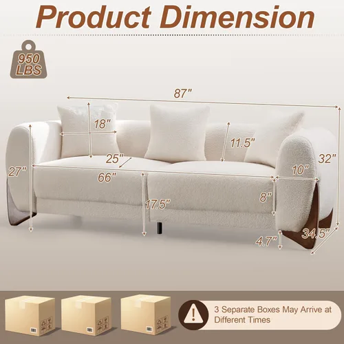 Miniatura 2 de Sofá Sherpa Boucle Moderno Tipo Nube de 3 Plazas de 87", Sofá con Patas de Madera Maciza, Asiento Extra Profundo de 25", Cómodo Sofá Tapizado