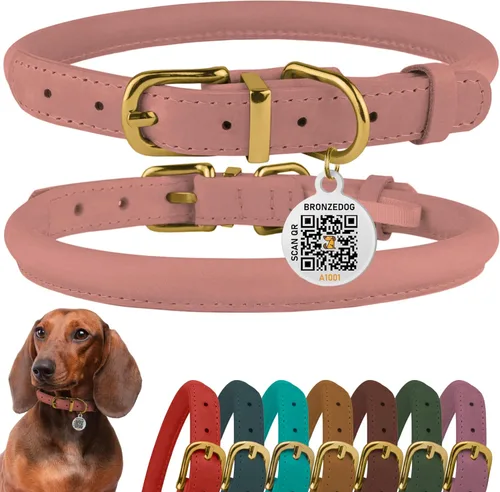 Miniatura 10 de Collar de cuero enrollado, redondo, suave y ajustable con placa de identificación por QR para perro pequeño, mediano y grande, cachorro y gato Rosa