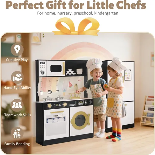 Miniatura 5 de TODEFULL Juegos de cocina para niños, juego de cocina de madera para niños, cocina de juguete interactiva con congelador, lavadora, máquina de hielo