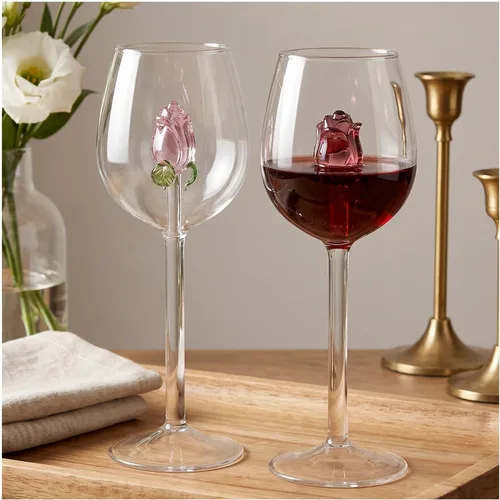 Pumtus Paquete de 2 copas de vino rosa, copa creativa de 10 onzas con rosa en el interior, copas de vino elegantes con tallo, cristalería de cóctel