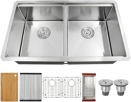 Miniatura 18 de LQS Fregadero de cocina dorado de 32 x 18 pulgadas, fregaderos de cocina empotrados, fregaderos de acero inoxidable de doble tazón 50/50