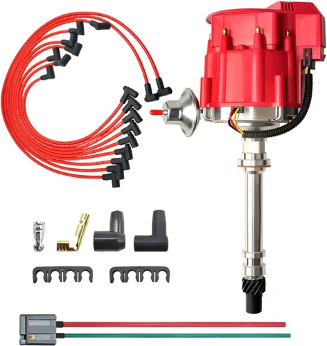 MAS Racing HEI Distribuidor y cables de bujía y mazo de cables de coleta gratis, kit combinado de tapa roja de repuesto para Chevy 283 302 307 327