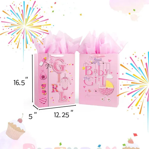 Miniatura 2 de Golden J Store Bolsas de regalo extra grandes de 16.5 pulgadas con papel de seda para baby showers, paquete de 2 (rosa)