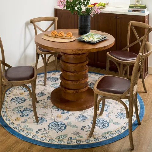Miniatura 75 de Jinchan Fiora - Alfombra redonda de 8 pies, alfombras vintage con diseño floral envejecido, lavable a máquina, antideslizante, de pelo bajo, Azul
