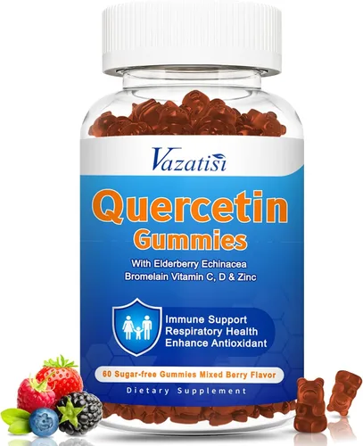 Quercetina con gomitas de bromelina, quercetina con vitamina C, zinc y saúco para el sistema inmunológico y alergias, gomitas masticables y veganas,