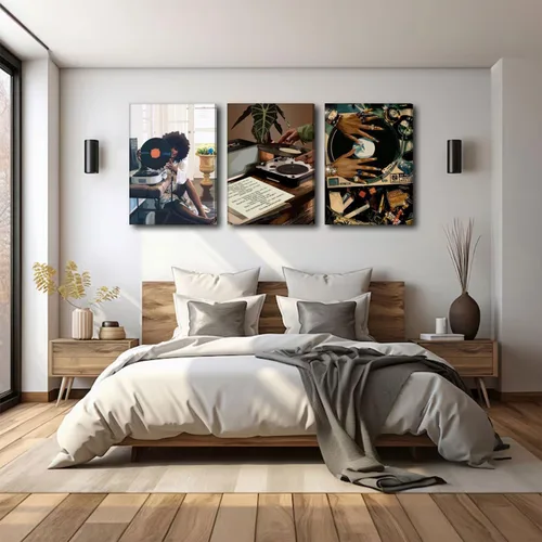 Miniatura 5 de Lienzo enmarcado de niña negra, 3 unidades, diseño de niña negra, música de discos, decoración de pared, cuadros de niña negra funky, pósteres