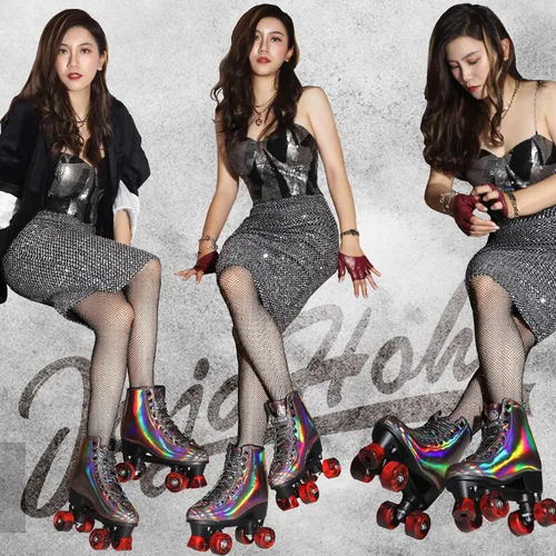 Miniatura 4 de JajaHoho Patines de ruedas para mujer, de cuero PU holográfico negro de alta calidad, patines de doble fila brillantes con cuatro ruedas para niñas