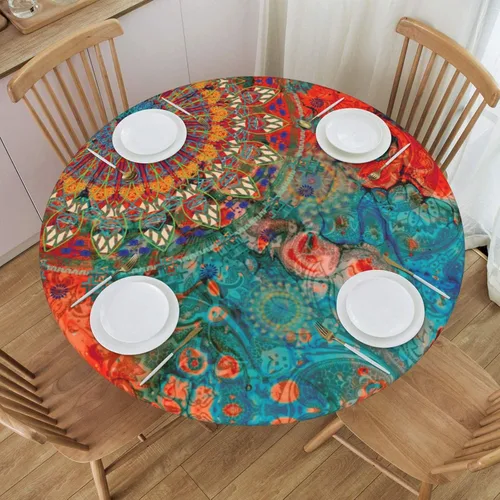 Mantel elástico redondo con diseño de mandala azul y rojo con borde ajustable para mesa de 45 a 50 pulgadas de diámetro 1