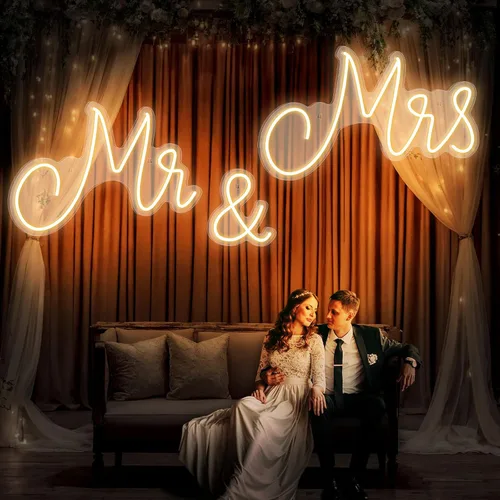 Miniatura 8 de Letrero de neón Mr and Mrs para boda de 25 x 7 pulgadas, luz de neón LED, fondo de pared, decoración de recepción de boda USB, regalos para Blanco