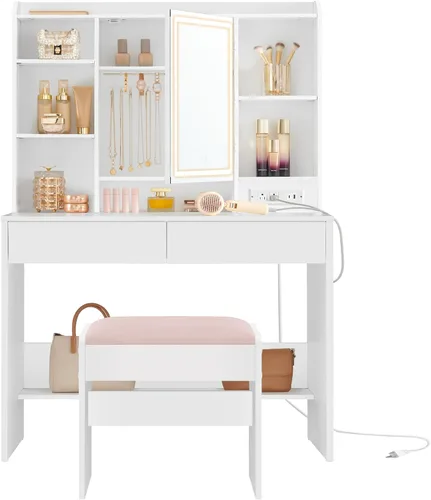 Miniatura 10 de VASAGLE Kailyn Collection - Escritorio de tocador con tomas de corriente y luces LED, mesa de maquillaje de 35.4 pulgadas de ancho con espejo, cajón