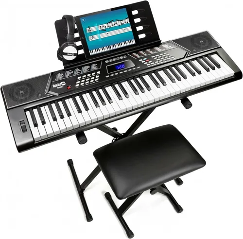 RockJam - Piano de teclado de 61 teclas con kit de curva de tono, banco para piano, auriculares, aplicación Simply piano y calcomanías para notas de