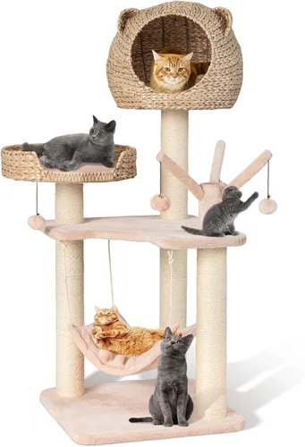 PETSITE Árbol tejido para gatos, moderna torre para gatos con hamaca y postes rascadores, condominio de cola de espadaña y percha superior, árbol de