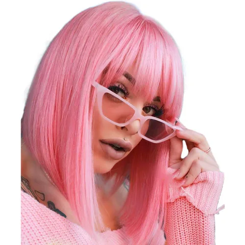Miniatura 9 de AISI BEAUTY Peluca de cabello sintético lacio y corto con flequillo, color rosa ceniza, de 12 pulgadas, para niñas, cosplay, fiesta Rosa ceniza a