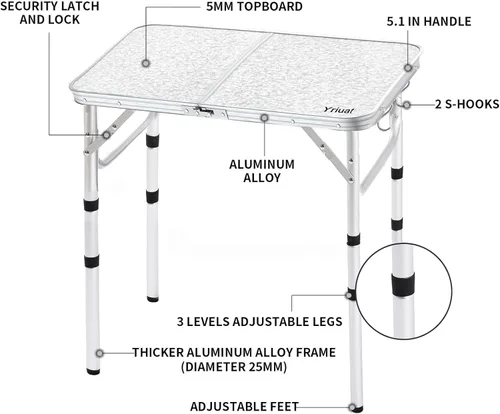 Miniatura 4 de Mesa de camping plegable Yriuat 2 pies mesa de picnic portátil de altura ajustable mesa pequeña de aluminio plegable ligera con asa de transporte