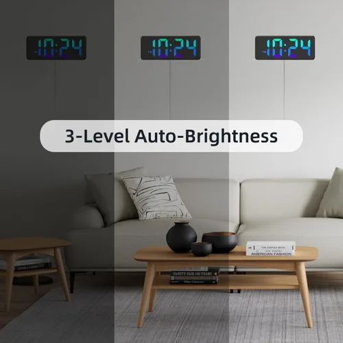 Miniatura 5 de Reloj de pared digital LED con pantalla RGB dinámica, dígitos grandes, brillo automático, formato de 12/24 horas, moderno reloj de pared eléctrico