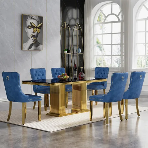 Miniatura 10 de HomVent Juego de mesa de comedor moderna de mármol sintético para 4 personas, mesa de cocina rectangular con 4 sillas beige (dorado)