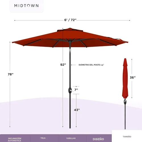 Miniatura 6 de Midtown Umbrellas 10 años sin decoloración, 6 pies, tela de poliéster roja a prueba de rayos UV, sombrilla para patio al aire libre, marco