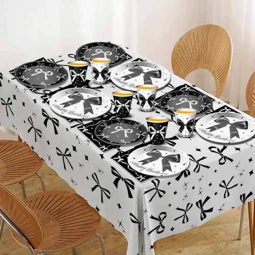 Miniatura 4 de Suministros de fiesta de cumpleaños de lazo negro para niña, decoraciones de fiesta de cumpleaños coquette incluyen platos de lazo negro