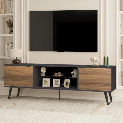 Atelier Mobili - Soporte de TV moderno de mediados de siglo para TV de 75 pulgadas, soporte de TV de nogal para sala de estar, consola multimedia,