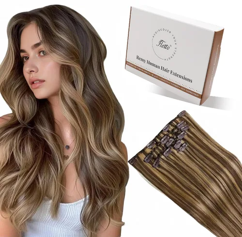 Miniatura 33 de Hetto - Extensiones de cabello humano onduladas con clip, color #2 castaño oscuro, extensiones de cabello humano natural para cabeza completa