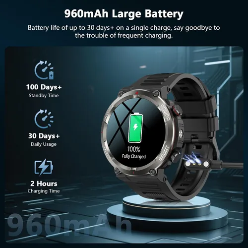 Miniatura 9 de IOWODO Reloj inteligente militar para hombre, batería de 100 días de duración, rastreador de actividad física con linterna LED / brújula, monitor