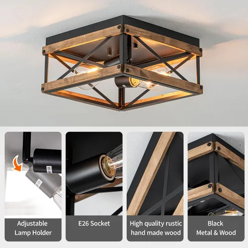 Miniatura 6 de Mayful Lámpara de techo de montaje empotrado de granja, 2 luces rústicas para pasillo con marco de madera y metal, lámparas industriales cerca