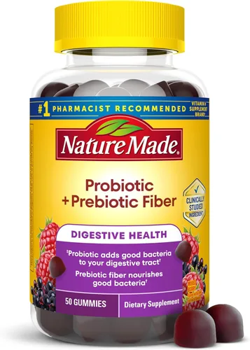 Nature Made - Gomitas de fibra probióticas + prebióticas para la salud intestinal diaria, suplemento de soporte digestivo con probióticos y fibra,