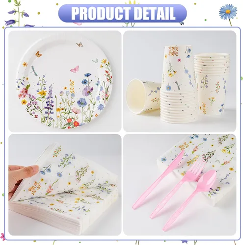 Miniatura 5 de 353 piezas de decoraciones de fiesta de flores silvestres para 50 invitados, juegos de platos y servilletas florales de primavera, suministros que