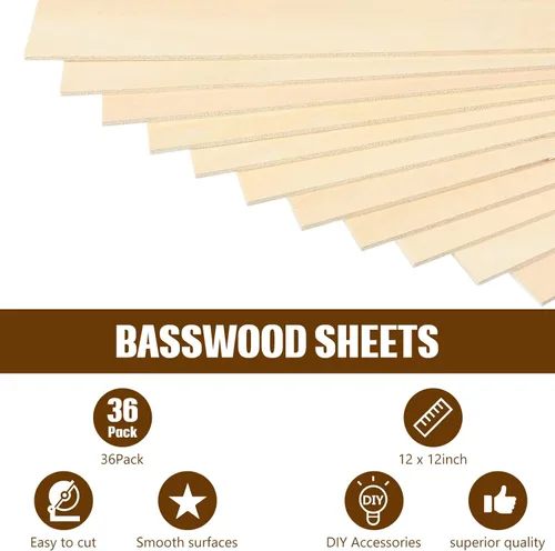 Miniatura 4 de Paquete de 36 hojas de madera contrachapada de tilo de 1/8 pulgadas, tableros de madera sin terminar para manualidades para proyectos láser