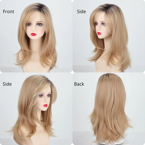 Fencca Pelucas rubias degradadas con reflejos para mujer, peluca ondulada en capas con flequillo, sintética natural, resistente al calor, para