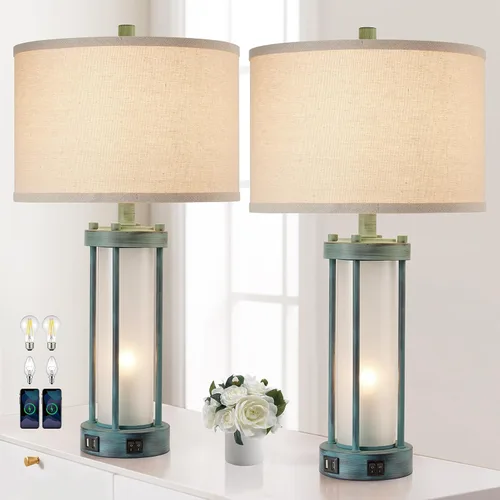 Miniatura 9 de Lámparas de mesa modernas para sala de estar, lámparas industriales de mesita con 2 puertos USB, lámpara rústica de mesita con luz nocturna