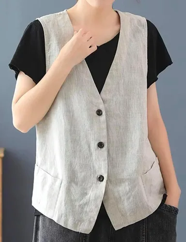 Miniatura 2 de IDEALSANXUN Chaleco de lino de algodón para mujer, blazer casual sin mangas