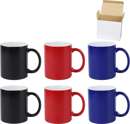 Taza de sublimación cambiable de 11 onzas, 3 colores surtidos, negro, azul y rojo, empaquetada en caja blanca, caja de 6