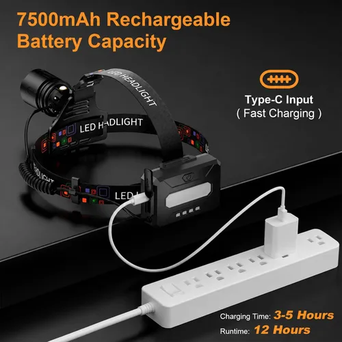 Miniatura 9 de SKYFIRE Linterna frontal recargable de 3000 lúmenes, faros LED más brillantes para adultos con batería de 7500 mAh, sensor de movimiento impermeable