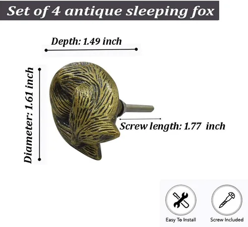 Miniatura 2 de Perilla Home Juego de 4 pomos antiguos – Zorro dormido decorativo – Asas de hierro artístico de diseñador – para tiradores de gabinete