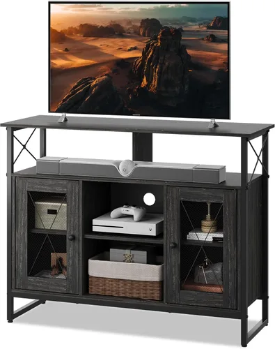 WLIVE Soporte de TV para TV de 43 pulgadas, pequeño centro de entretenimiento con gabinete de almacenamiento y estantes ajustables, soportes de TV