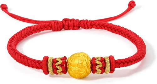 ZHOU LIU FU 24K Solid Gold Bracelet Luck Fish Real Gold Charm Bracelet Adjustable Jewelry Braided Bracelet for Women Teens Girls