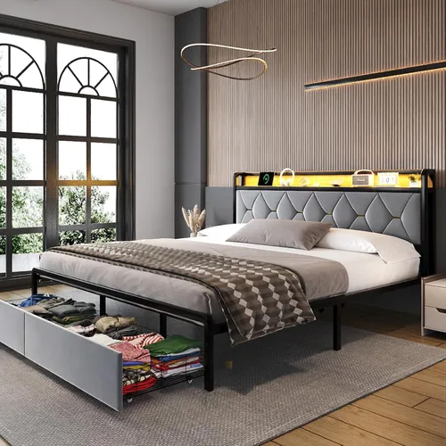 Miniatura 4 de Ailisite Marco de cama plataforma tamaño Queen con cabecero y cajones de almacenamiento, marco de cama plataforma tapizado gris con puerto de carga