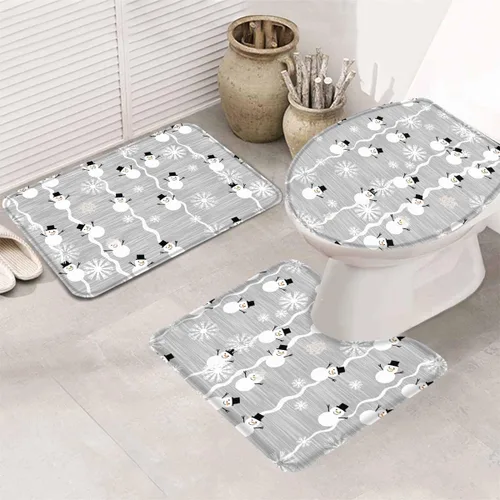 Miniatura 2 de Juego de 3 alfombras de baño de Feliz Navidad, diseño de muñeco de nieve, copo de nieve, gris nieve, absorbente, antideslizante, tapete