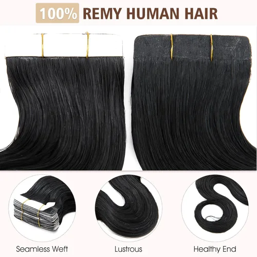 Miniatura 3 de Hairro Extensiones de cabello humano adhesivas de 22 pulgadas de largo, ondulado, #1 negro azabache #1, 1.76 onzas, pegamento de trama de piel fina