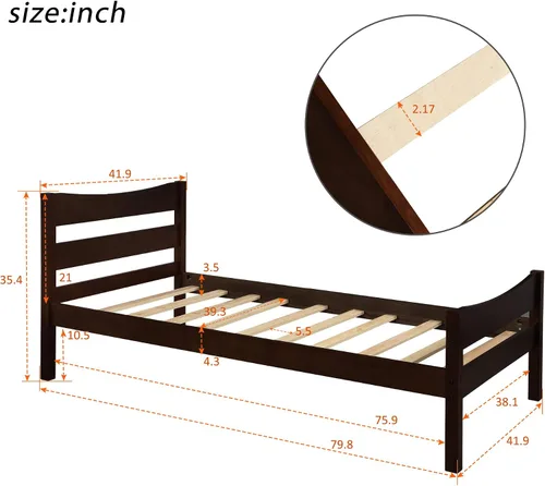 Miniatura 2 de Anwick Base de cama individual de madera con cabecero y estribo, base de colchón de plataforma con soporte de listones de madera para niños, Espresso