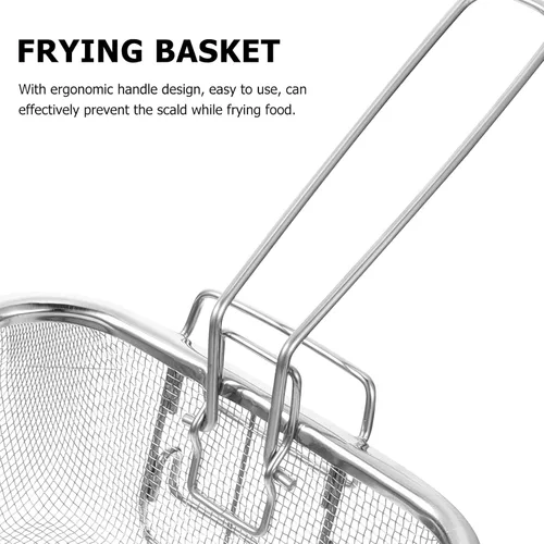 Miniatura 7 de Hemoton Cesta cuadrada de acero inoxidable para freír de 12.9 x 7.9 pulgadas con mango plegable, colador de freidora profunda para papas fritas